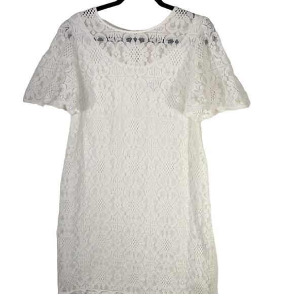 Womens DB Floral Lace Shift Dress Zip Up Lined White Sweet Flared Short Slv  12 - Picture 8 of 13